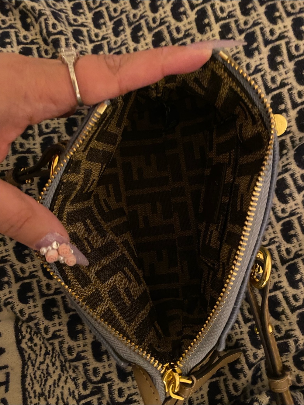 Fendi Blue FF Canvas Mini Bag with Tan Leather Handles - Picture 5 of 8